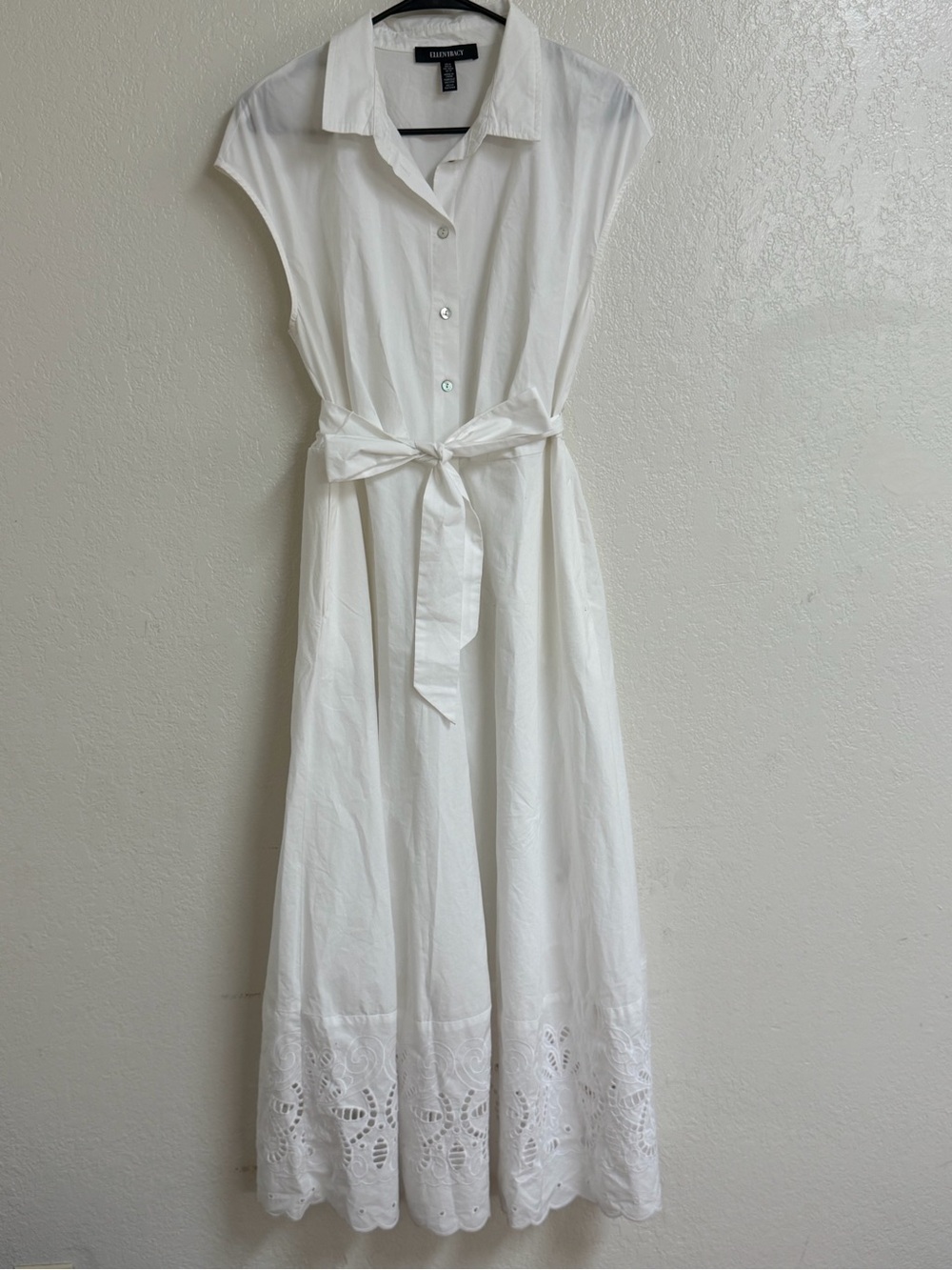 Ellen Tracy White Sleeveless Button-Front Tie-Waist Maxi Dress with Eyelet Hem
